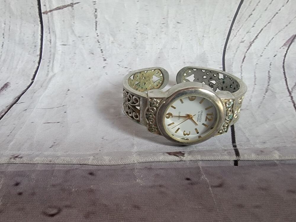 silver-tone Embassy by Gruen watch intricate filigree cuff band Untested READ